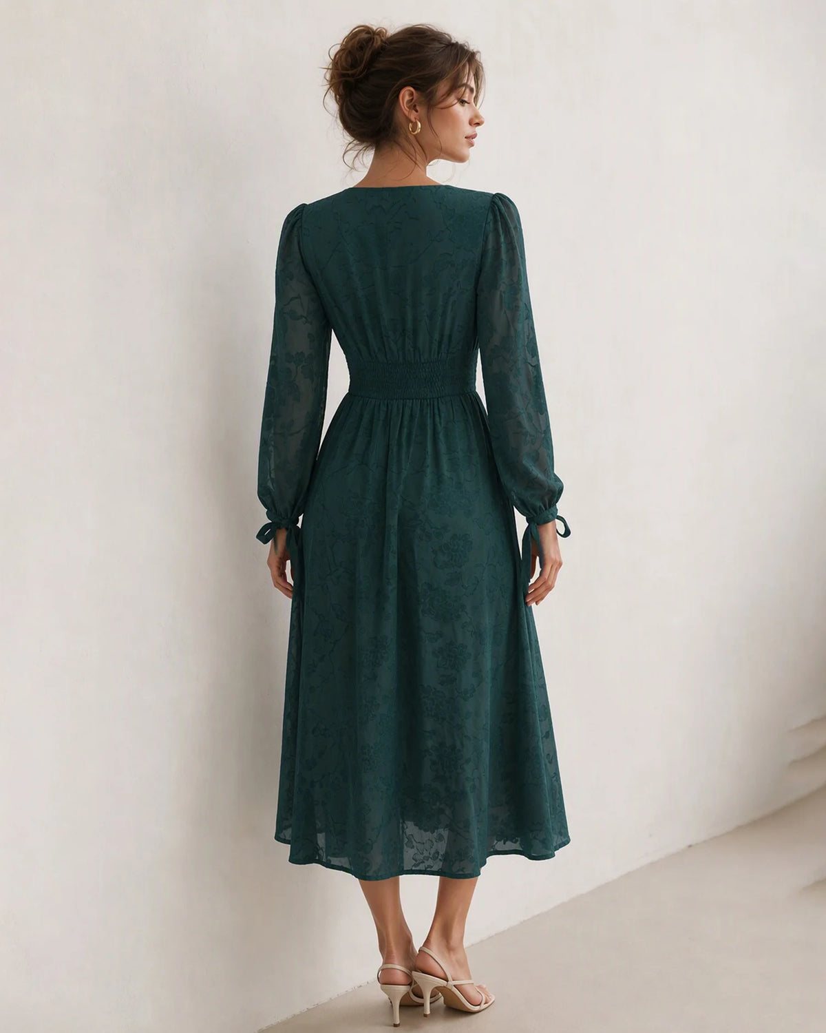 Forest Green Burnout Chiffon A-line Square Neck High Back Midi Dress Back View - Aabei Dress