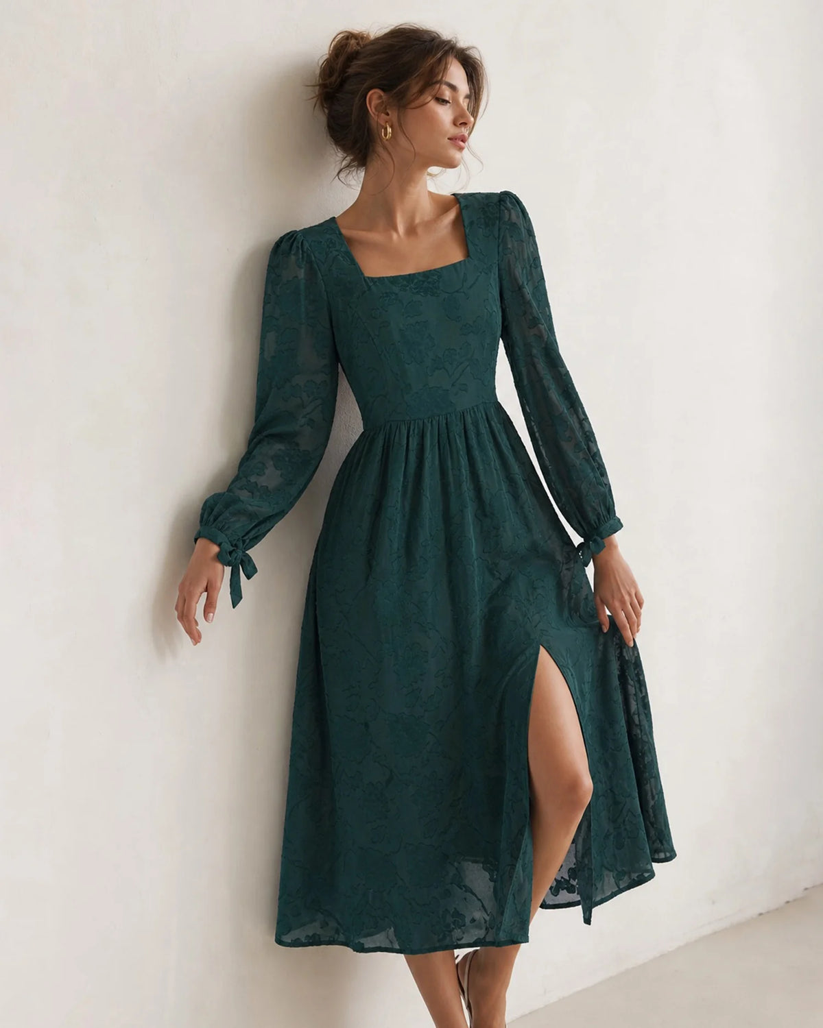 Forest Green Burnout Chiffon A-line Square Neck High Back Midi Dress Front View - Aabei Dress