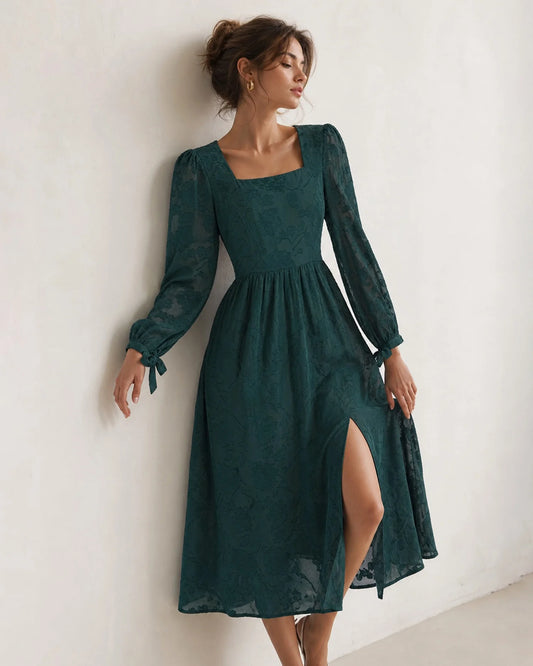 Forest Green Burnout Chiffon A-line Square Neck High Back Midi Dress Front View - Aabei Dress