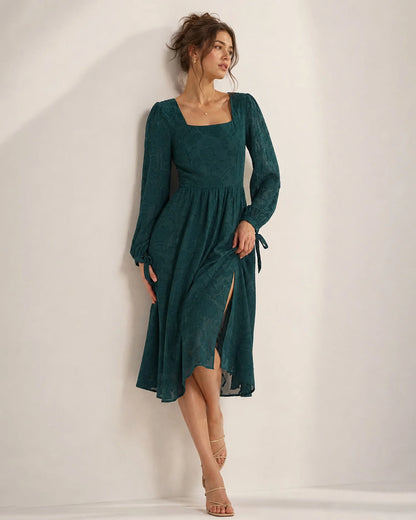 Forest Green Burnout Chiffon A-line Square Neck High Back Midi Dress - Aabei Dress