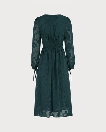 Forest Green Burnout Chiffon A-line Square Neck High Back Midi Dress - Aabei Dress