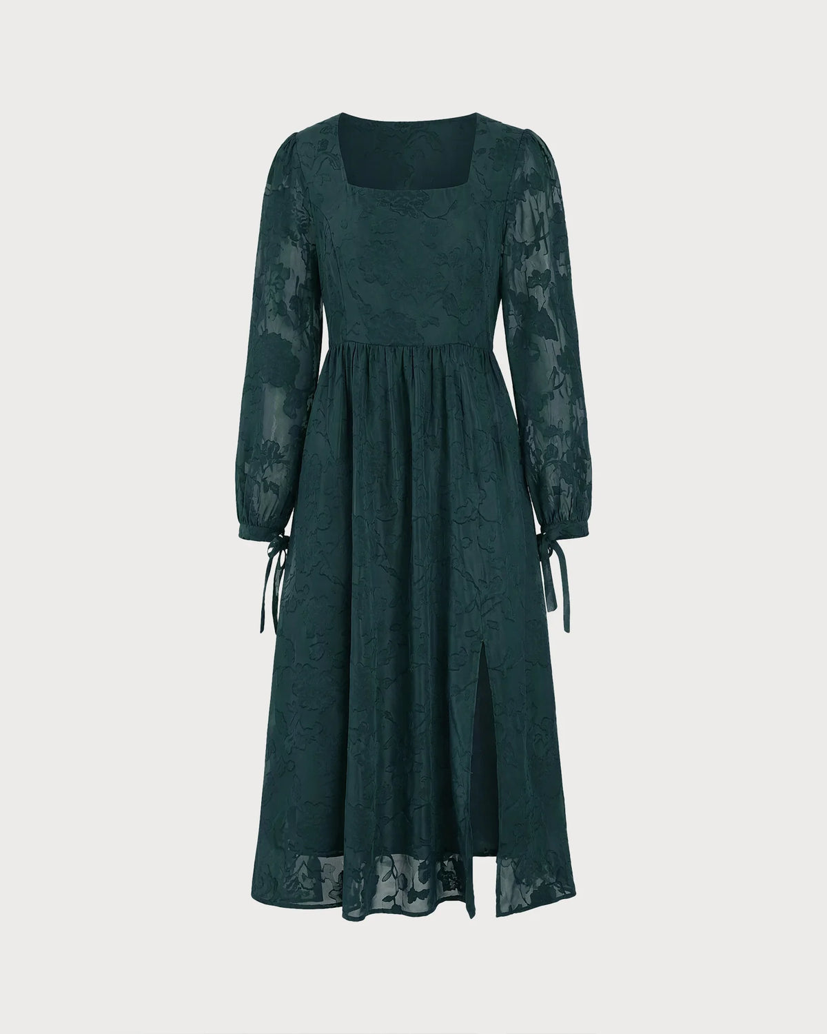 Forest Green Burnout Chiffon A-line Square Neck High Back Midi Dress - Aabei Dress