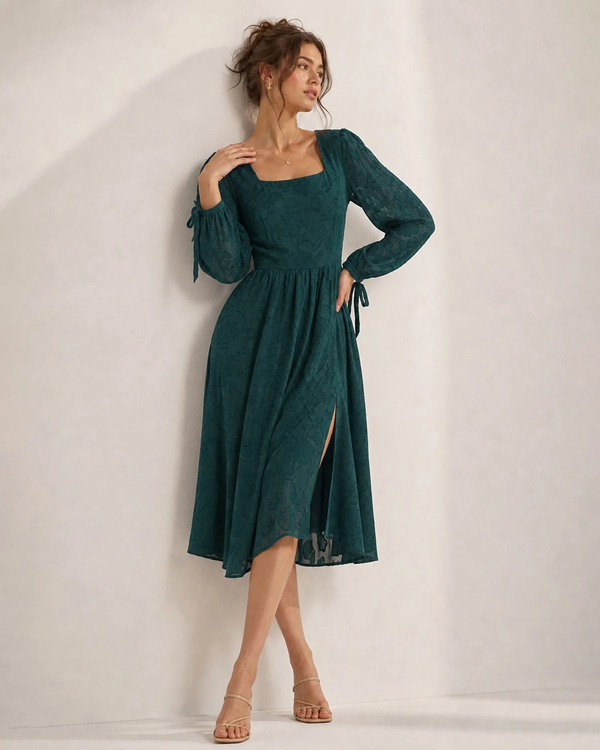 Forest Green Burnout Chiffon A-line Square Neck High Back Midi Dress - Aabei Dress