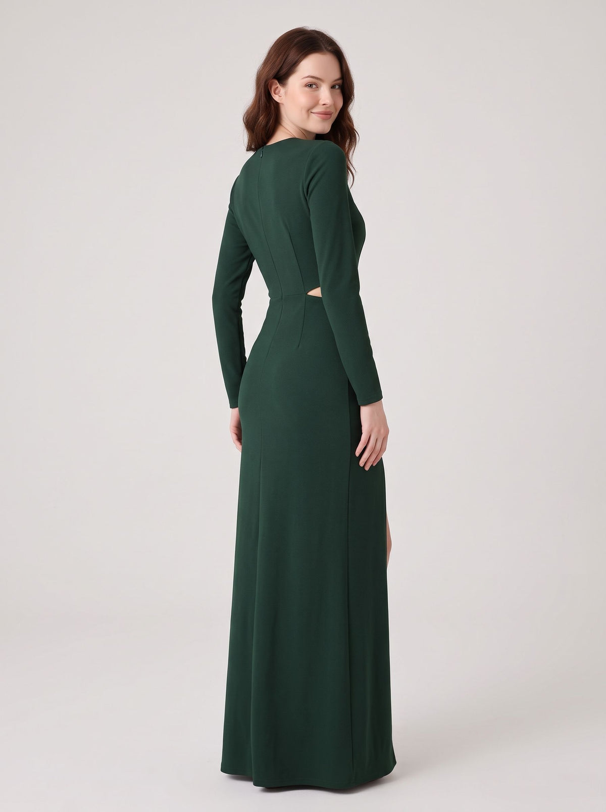 Forest Green Crepe sheath-column scoop-neck zipper-back floor-length Dress Back View - Aabei Dress