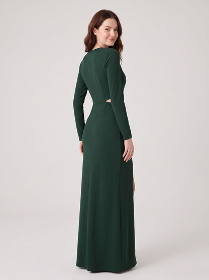 Forest Green Crepe sheath-column scoop-neck zipper-back floor-length Dress Back View - Aabei Dress