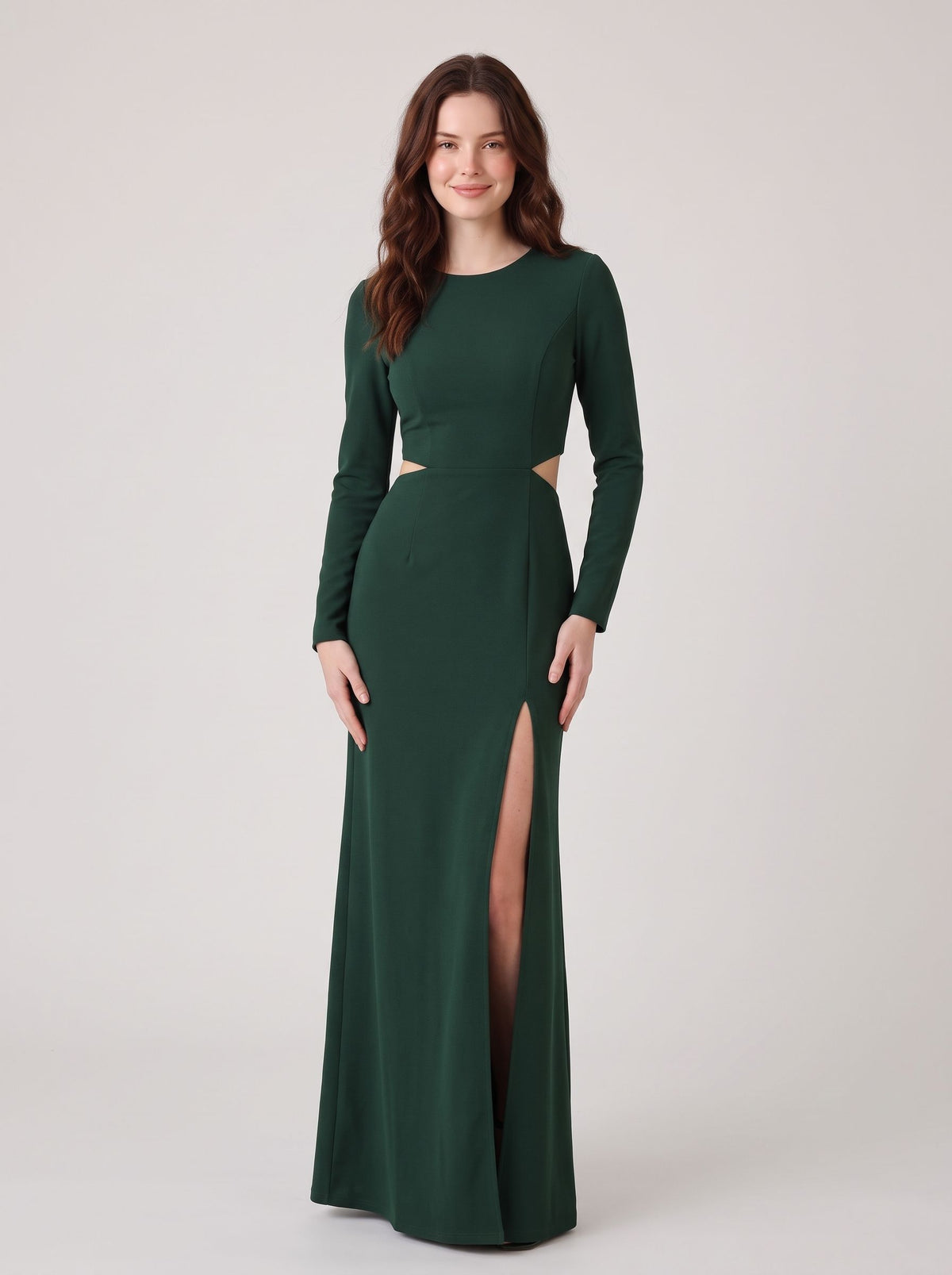 Forest Green Crepe sheath-column scoop-neck zipper-back floor-length Dress Front View - Aabei Dress