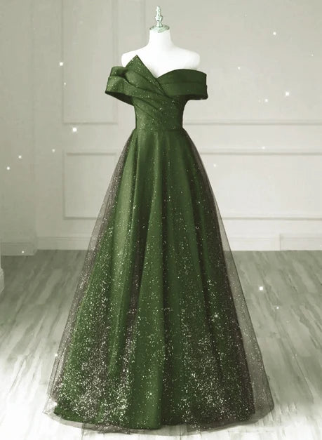 Forest Green Glitter Tulle A-Line Off-the-Shoulder Lace-up Floor-Length Dress Front View - Aabei Dress