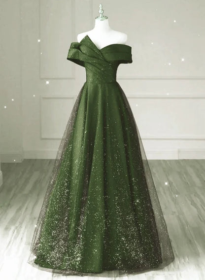 Forest Green Glitter Tulle A-Line Off-the-Shoulder Lace-up Floor-Length Dress Front View - Aabei Dress