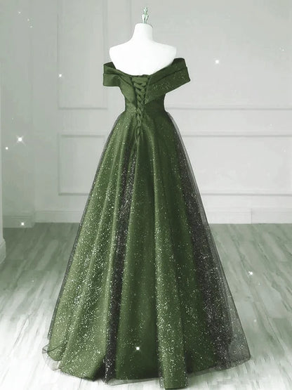 Forest Green Glitter Tulle A-Line Off-the-Shoulder Lace-up Floor-Length Dress - Aabei Dress