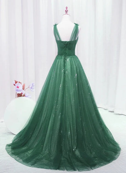 Forest Green Glitter Tulle A-Line V-Neck Lace-Up Back Floor-Length Dress Back View - Aabei Dress