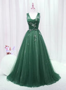 Forest Green Glitter Tulle A-Line V-Neck Lace-Up Back Floor-Length Dress Front View - Aabei Dress