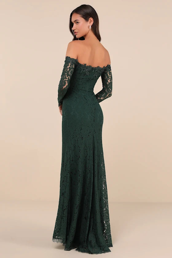 Forest Green Lace Sheath-Column Off-the-Shoulder Zipper Back Floor-Length Dress Back View - Aabei Dress