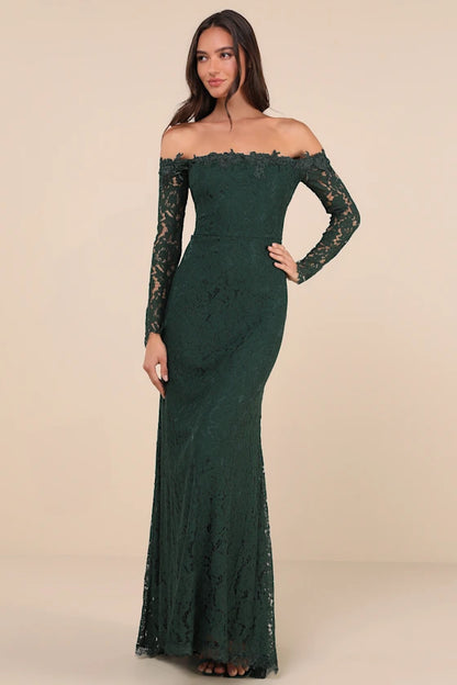 Forest Green Lace Sheath-Column Off-the-Shoulder Zipper Back Floor-Length Dress Front View - Aabei Dress