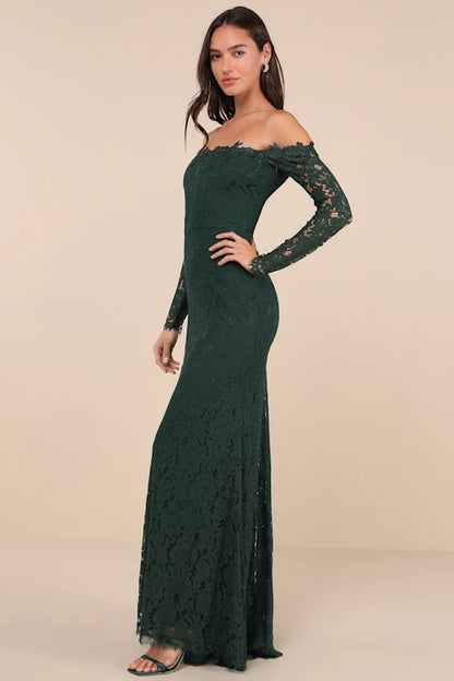 Forest Green Lace Sheath-Column Off-the-Shoulder Zipper Back Floor-Length Dress - Aabei Dress