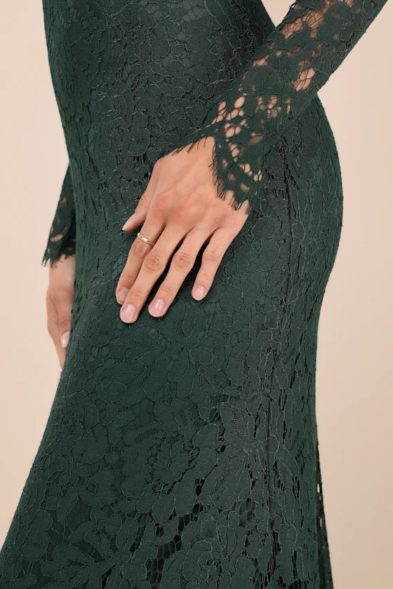 Forest Green Lace Sheath-Column Off-the-Shoulder Zipper Back Floor-Length Dress - Aabei Dress
