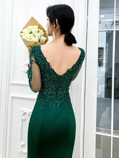 Forest Green Satin & Lace Mesh Mermaid V-Neck V-Back Floor-Length Dress Back View - Aabei Dress