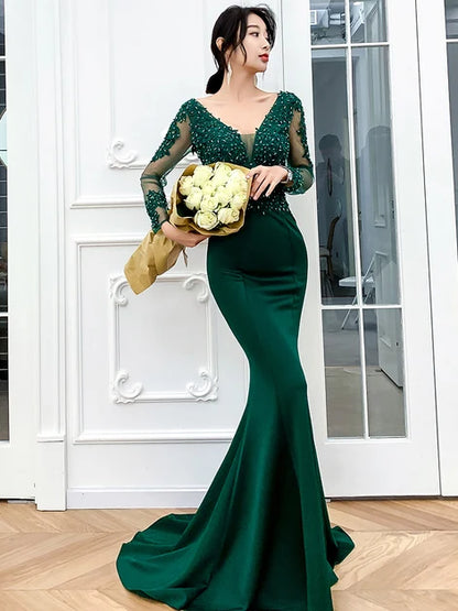 Forest Green Satin & Lace Mesh Mermaid V-Neck V-Back Floor-Length Dress Front View - Aabei Dress