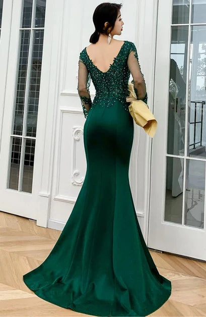 Forest Green Satin & Lace Mesh Mermaid V-Neck V-Back Floor-Length Dress - Aabei Dress