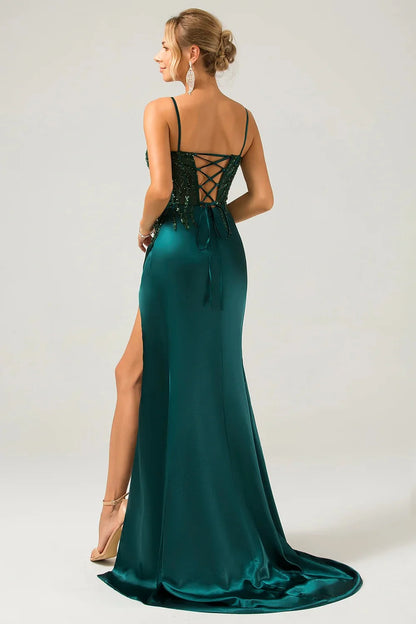 Forest Green Satin Mermaid Sweetheart Lace-Up Back Floor-Length Dress Back View - Aabei Dress