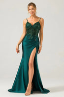 Forest Green Satin Mermaid Sweetheart Lace-Up Back Floor-Length Dress Front View - Aabei Dress