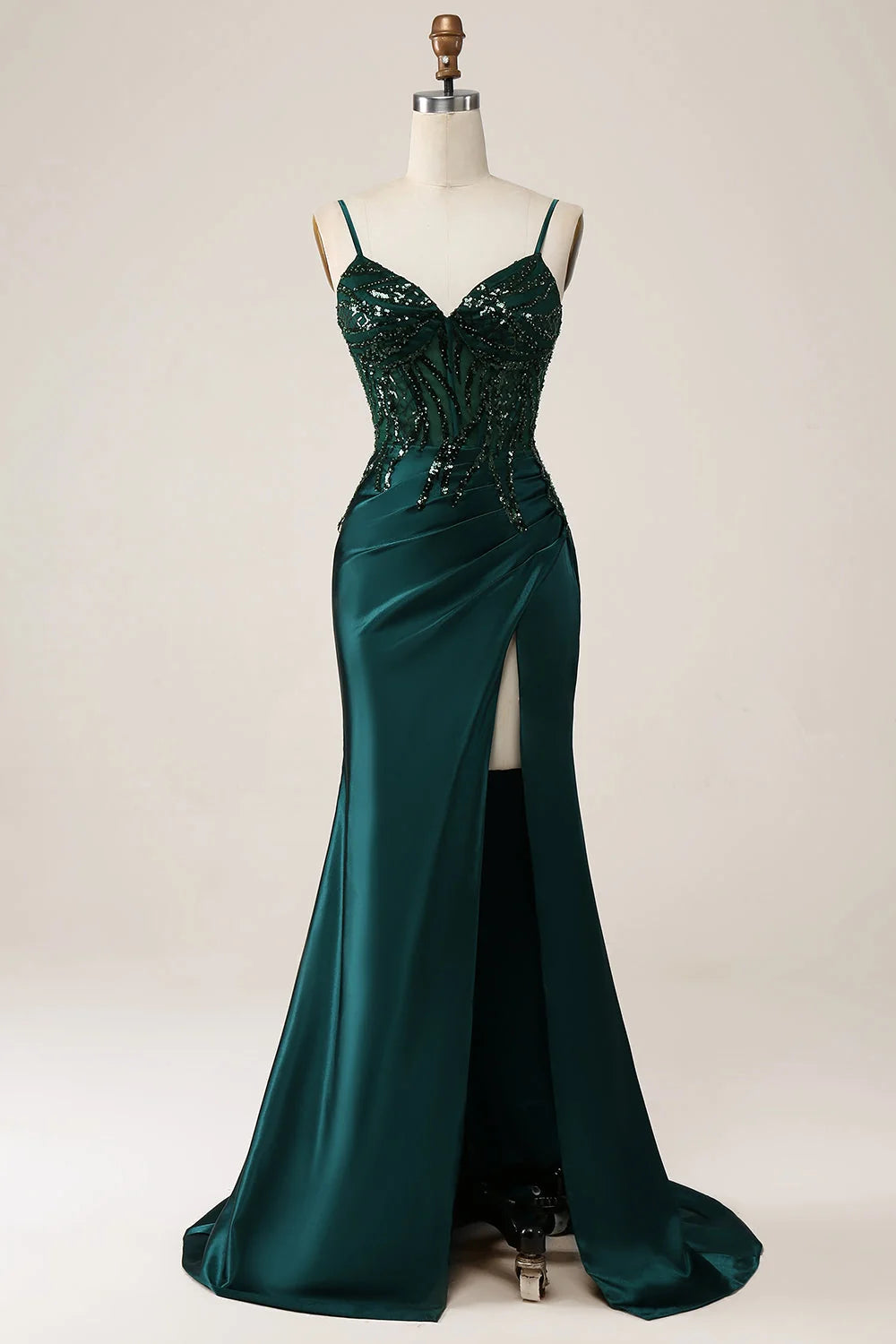 Forest Green Satin Mermaid Sweetheart Lace-Up Back Floor-Length Dress - Aabei Dress