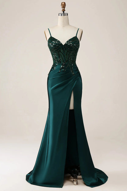 Forest Green Satin Mermaid Sweetheart Lace-Up Back Floor-Length Dress - Aabei Dress