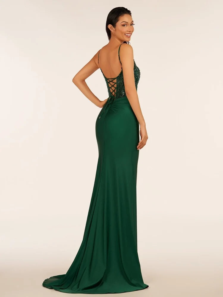 Forest Green Satin Sheath Column Sweetheart Lace-Up Back Floor-Length Dress - Aabei Dress