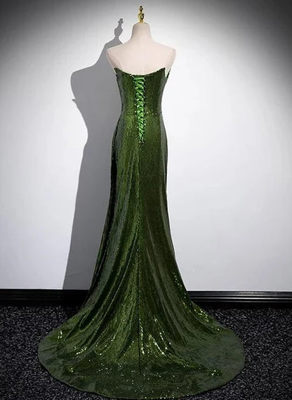 Forest Green Sequin sheath-column strapless lace-up-back floor-length Dress Back View - Aabei Dress