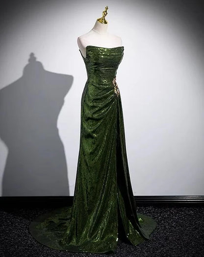 Forest Green Sequin sheath-column strapless lace-up-back floor-length Dress Front View - Aabei Dress