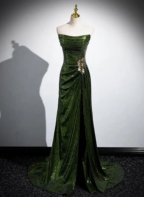 Forest Green Sequin sheath-column strapless lace-up-back floor-length Dress - Aabei Dress