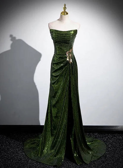 Forest Green Sequin sheath-column strapless lace-up-back floor-length Dress - Aabei Dress
