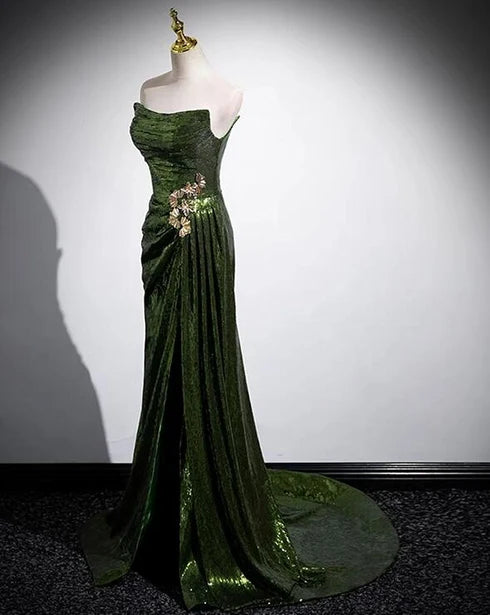 Forest Green Sequin sheath-column strapless lace-up-back floor-length Dress - Aabei Dress