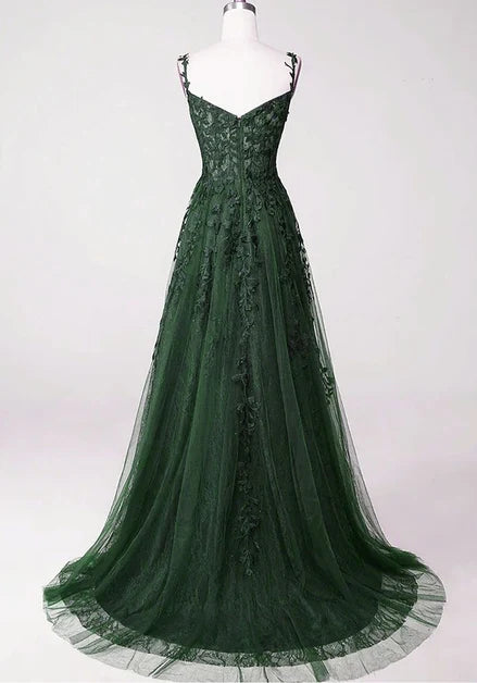 Forest Green Tulle & Lace A-Line Sweetheart V-Back Floor-Length Dress Back View - Aabei Dress