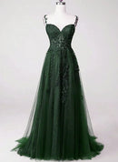 Forest Green Tulle & Lace A-Line Sweetheart V-Back Floor-Length Dress Front View - Aabei Dress