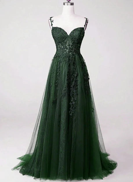 Forest Green Tulle & Lace A-Line Sweetheart V-Back Floor-Length Dress Front View - Aabei Dress