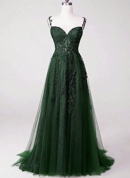 Forest Green Tulle & Lace A-Line Sweetheart V-Back Floor-Length Dress Front View - Aabei Dress