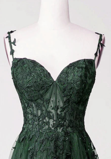 Forest Green Tulle & Lace A-Line Sweetheart V-Back Floor-Length Dress - Aabei Dress