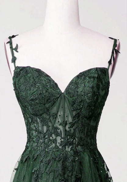 Forest Green Tulle & Lace A-Line Sweetheart V-Back Floor-Length Dress - Aabei Dress