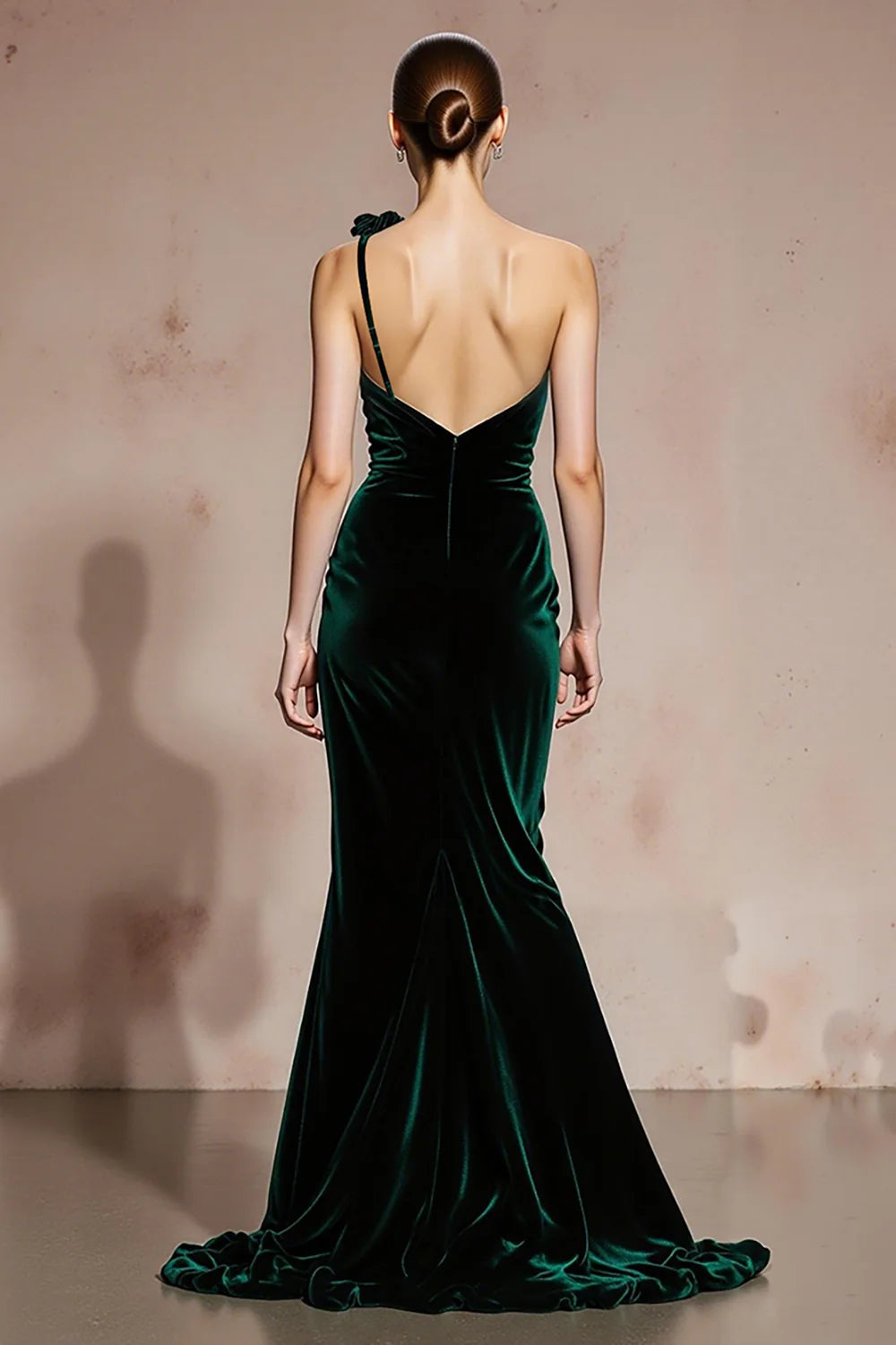 Forest Green Velvet Mermaid One Shoulder Low Back Floor-Length Dress Back View - Aabei Dress