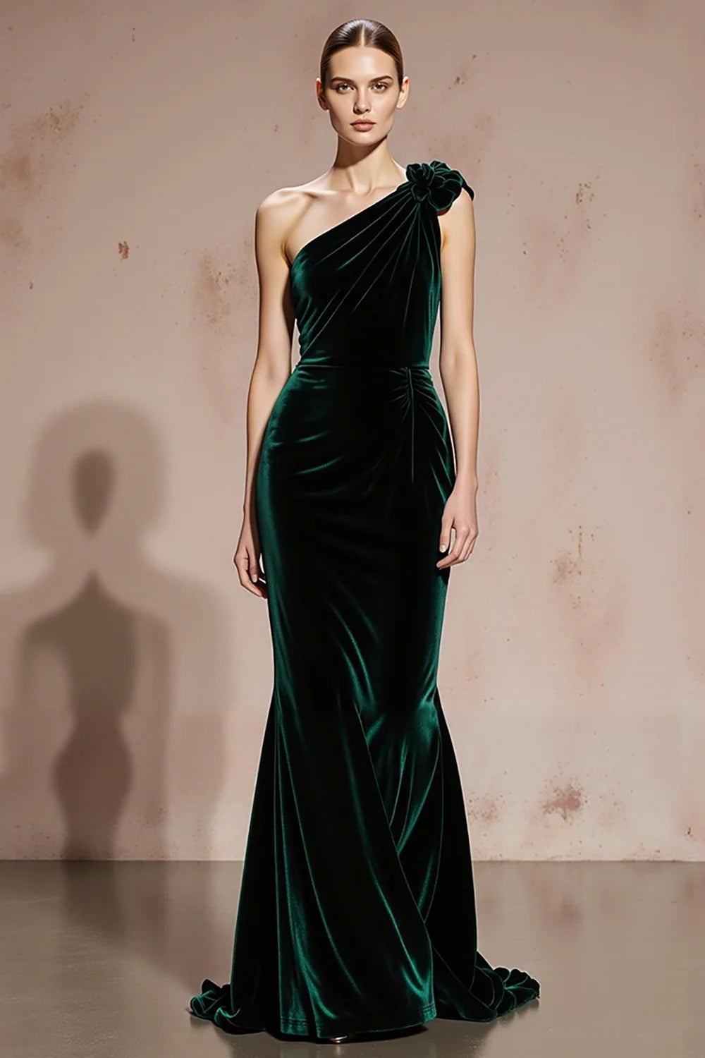 Forest Green Velvet Mermaid One Shoulder Low Back Floor-Length Dress Front View - Aabei Dress