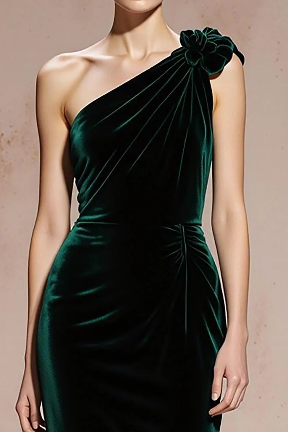 Forest Green Velvet Mermaid One Shoulder Low Back Floor-Length Dress - Aabei Dress