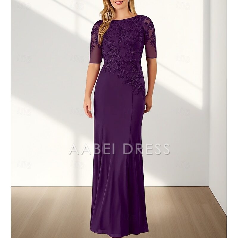 AABEI DRESS Wedding Guest Dress Mermaid  Elegant Crew Neck Floor Length Chiffon Half Sleeve with Appliques Mother of the Bride Dress