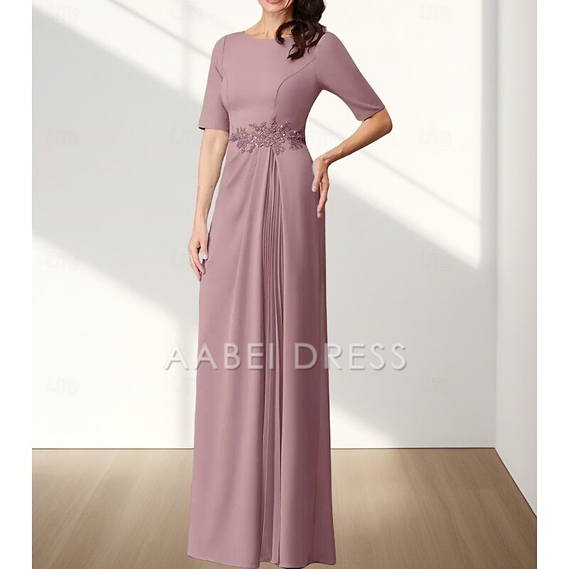 AABEI DRESS Wedding Guest Dress Exquisite A-Line Crew Neck Half Sleeve Appliques Ruching Floor Length Elegant Mother of the Bride Dress