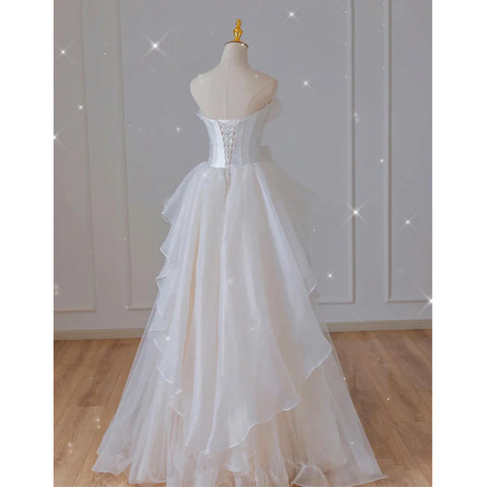 Wedding Dress French Strapless Layered Fantastic Wedding Gown Bow Tie Long Formal Wear Dresses