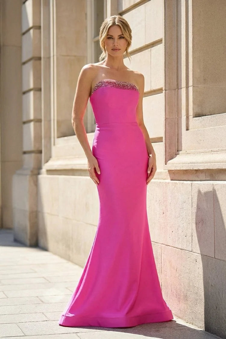 Fuchsia Strapless Mermaid Gown Beaded Trim Corset Lace-Up Back Stretch Satin Formal Dress