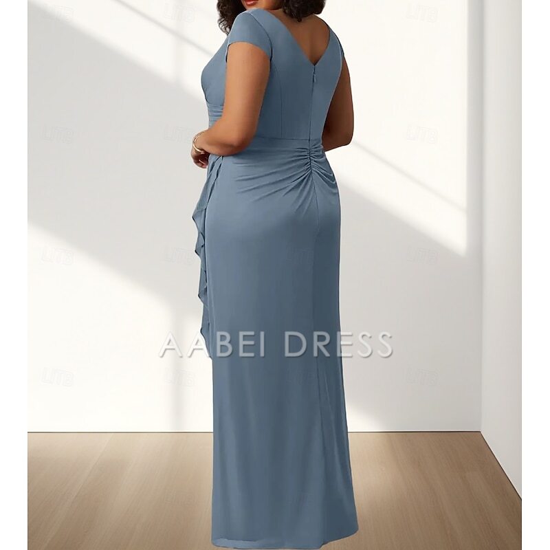 AABEI DRESS Wedding Guest Dress Elegant Mermaid V Neck Short Sleeve Pleats Split Curve Front Ruching Floor Length Plus Size Mother of the Bride Dress