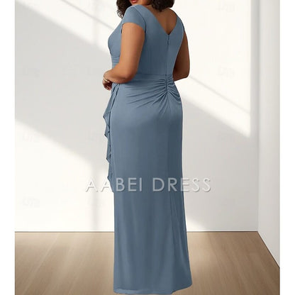 AABEI DRESS Wedding Guest Dress Elegant Mermaid V Neck Short Sleeve Pleats Split Curve Front Ruching Floor Length Plus Size Mother of the Bride Dress