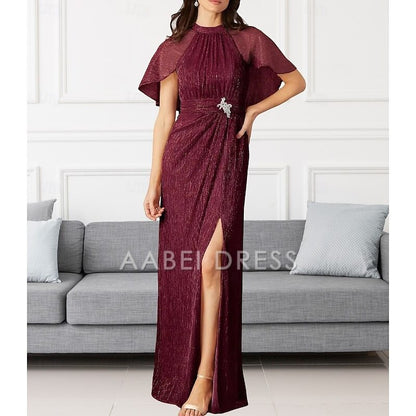AABEI DRESS Wedding Guest Dress Elegant Sheath Crew Neck Floor Length Chiffon Sleeveless Split Front Ruching Mother of the Bride Dress