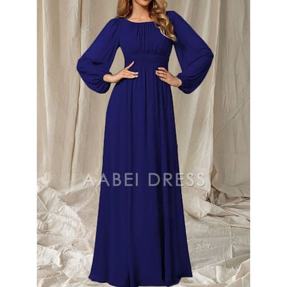 AABEI DRESS Wedding Guest Dress Elegant A-Line Crew Neck Long Sleeve Floor Length Chiffon Ruching Simple Mother of the Bride Dress