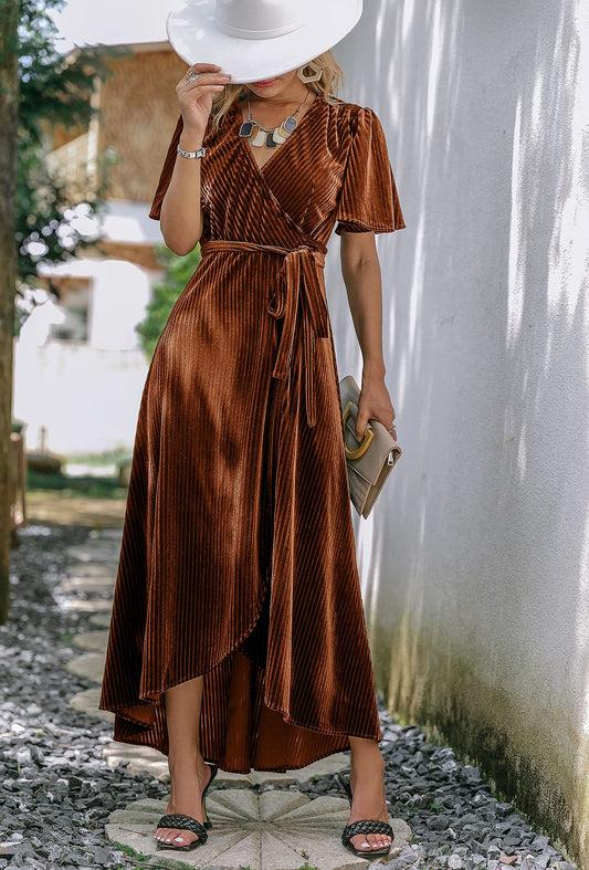Evening dress Women's A-Line Velvet V Neck Short Flare Sleeve Cocktail Party Maxi Dress Elegant Formal Wear Dresses Wedding Guest Dress
